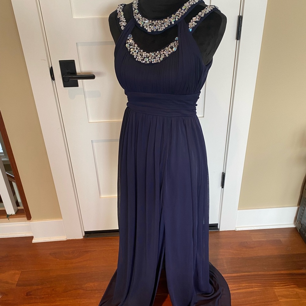EUC Trixxi Full-Length Embellished Bodice Navy Formal Dress
